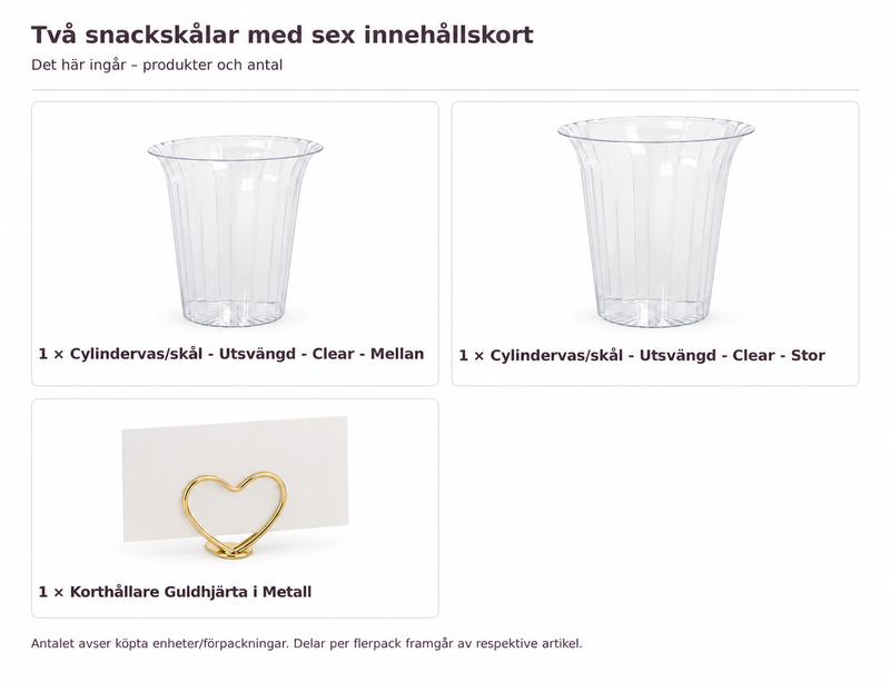 Innehåll och antal: Två snackskålar med sex innehållskort