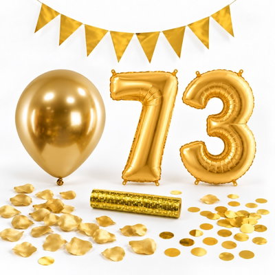 73-års festpaket, Guld, Stor – paketets dekorationer på vit bakgrund