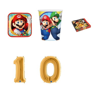 10-årskalas, Super Mario, kalaspaket, 8 gäster – paketets produkter med sifferballong 100 cm