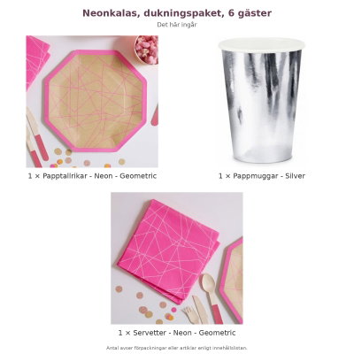 Neonkalas, dukningspaket, 6 gäster – innehåll och antal förpackningar