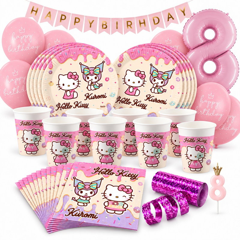 Hello Kitty & Kuromi – 8-årskalas – kalaspaket för 8 gäster – paketets produkter