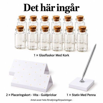 Tolv kryddflaskor med egna namnkort – innehåll och antal försäljningsförpackningar