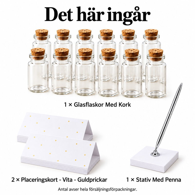 Tolv kryddflaskor med egna namnkort – innehåll och antal försäljningsförpackningar