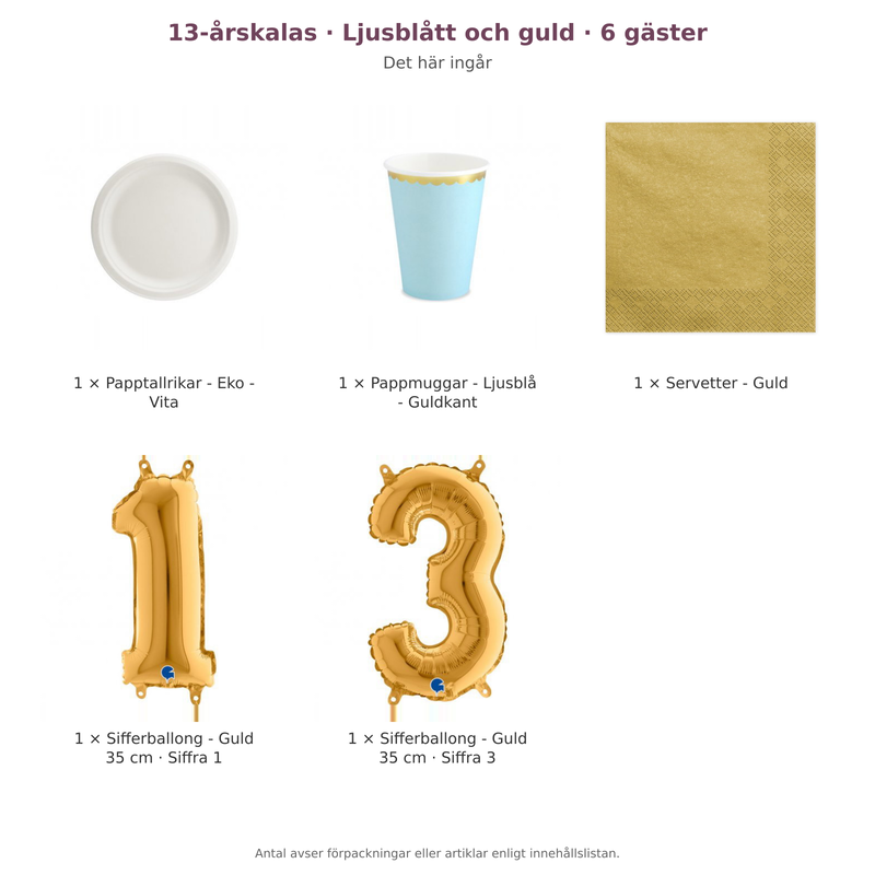 13-årskalas, Ljusblått och guld, kalaspaket, 6 gäster – innehåll och antal förpackningar