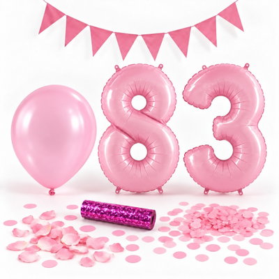 83-års festpaket, Rosa, Stor – paketets dekorationer på vit bakgrund