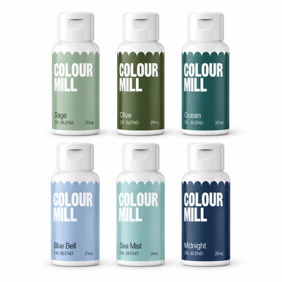 Färgpaket Hav, oljebaserade ätbara färger - Colour Mill – färgflaskor på vit bakgrund