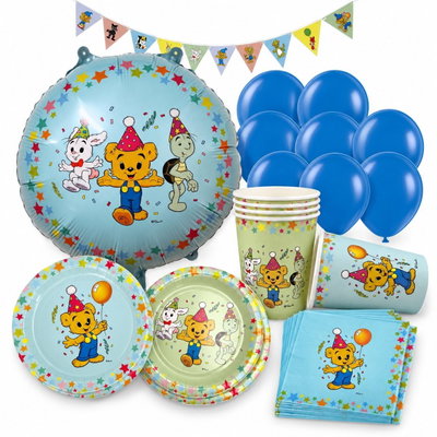 Bamse Party – kalaspaket med dukning och dekorationer för 24 gäster – samlat paketinnehåll