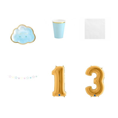 13-årskalas, Pyjamasparty – moln och stjärnor, kalaspaket, 6 gäster – paketets produkter med sifferballong 100 cm