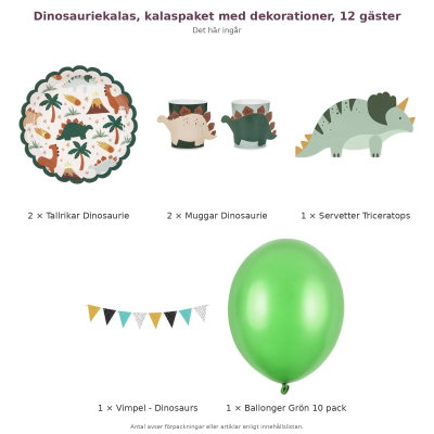 Dinosauriekalas, kalaspaket med dekorationer, 12 gäster – innehåll och antal förpackningar