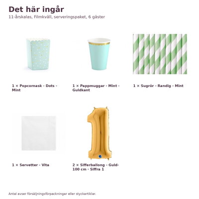 11-årskalas, Filmkväll, serveringspaket, 6 gäster – innehåll och antal, sifferballong 100 cm