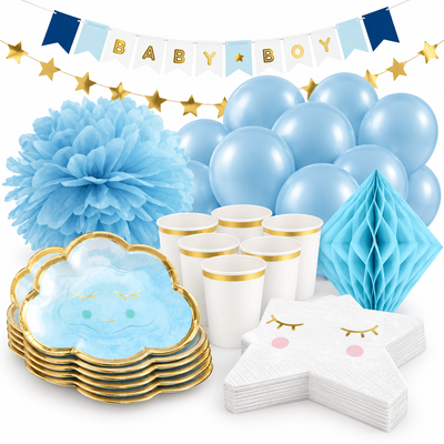 Babyshower pojke – blå moln – fika och dekorationer, 6 gäster – samlat paketinnehåll