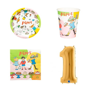 1-årskalas, Pippi Långstrump, kalaspaket, 8 gäster – paketets produkter med sifferballong 100 cm