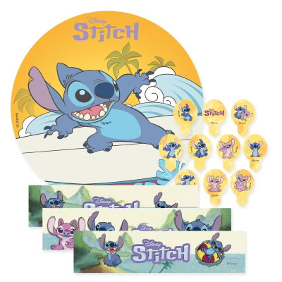 Stitch, tårtpaket med tårtbild, dekorband och minibilder – samlad paketbild
