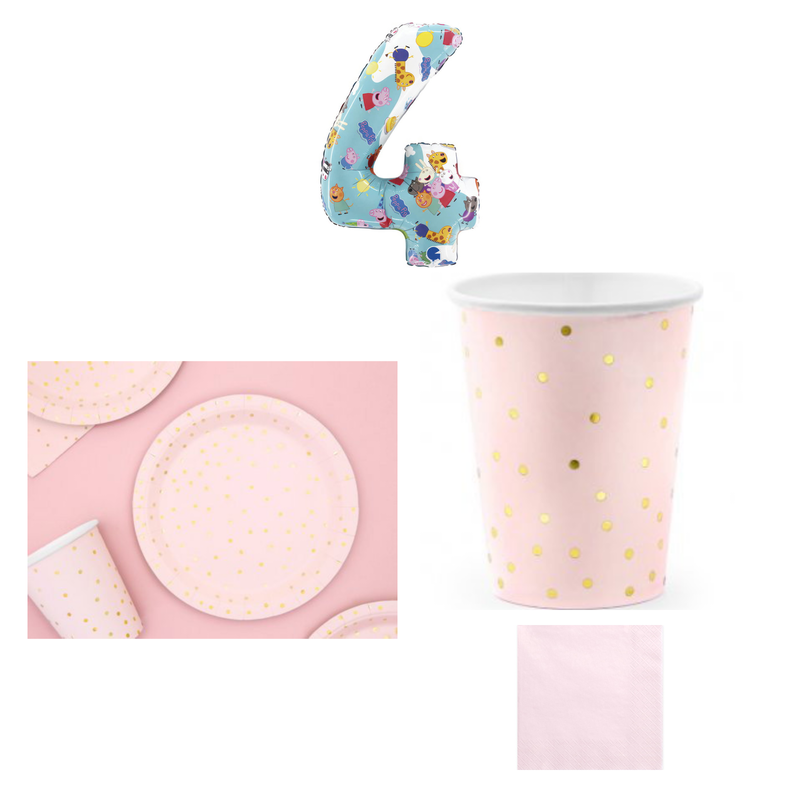 4-årskalas, Greta Gris-sifferballong och rosa dukning, kalaspaket, 6 gäster – sammansatt bild av paketets produkter