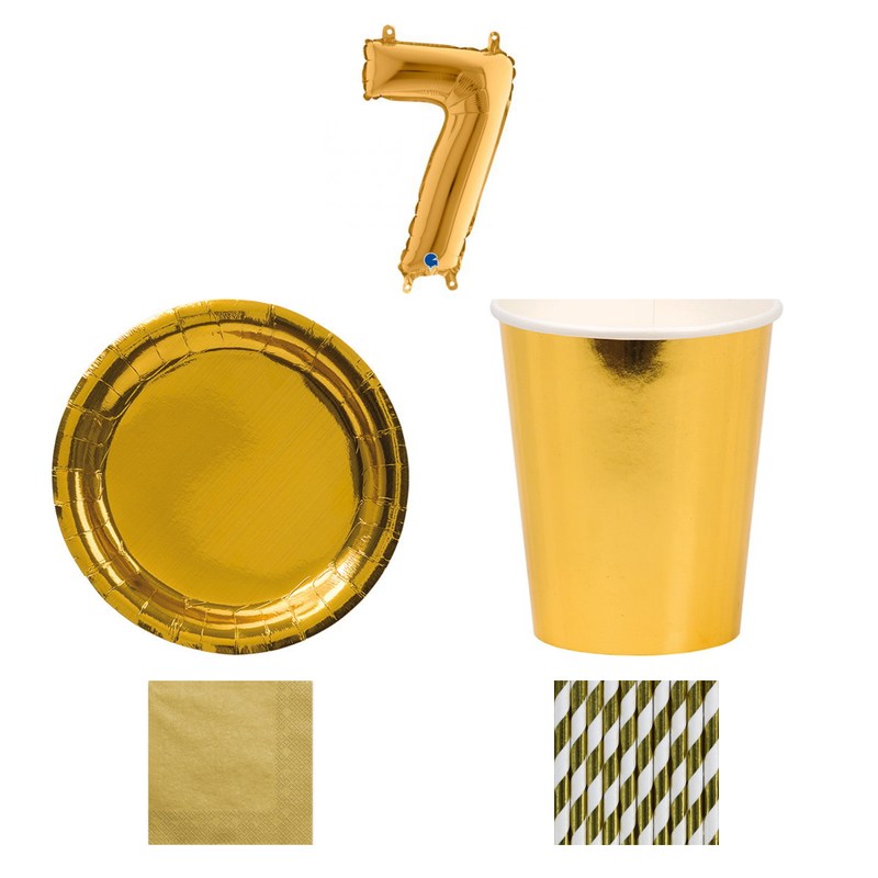 7-årskalas, Guld, kalaspaket, 8 gäster – sammansatt bild av paketets produkter