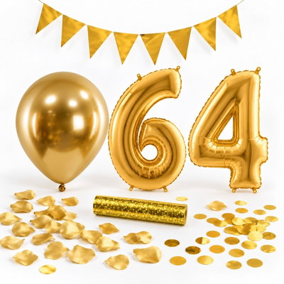 64-års festpaket, Guld, Stor – paketets dekorationer på vit bakgrund