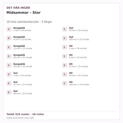 Det här ingår – Satinbandspaket – Midsommar – Stor – 18 rullar