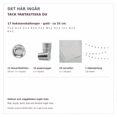 Innehåll och exakta antal – TACK FANTASTISKA DU, 35 cm bokstäver och dukning för 12