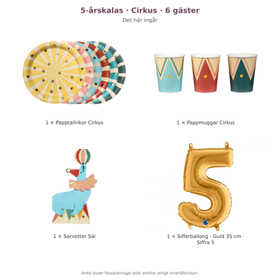 5-årskalas, Cirkus, kalaspaket, 6 gäster – innehåll och antal förpackningar