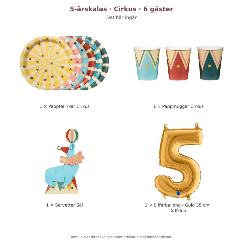 5-årskalas, Cirkus, kalaspaket, 6 gäster – innehåll och antal förpackningar