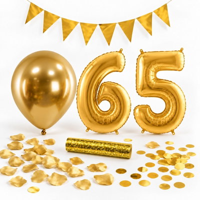 65-års festpaket, Guld, Stor – paketets dekorationer på vit bakgrund
