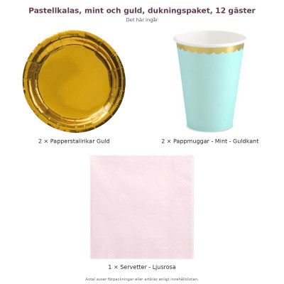 Pastellkalas, mint och guld, dukningspaket, 12 gäster – innehåll och antal förpackningar