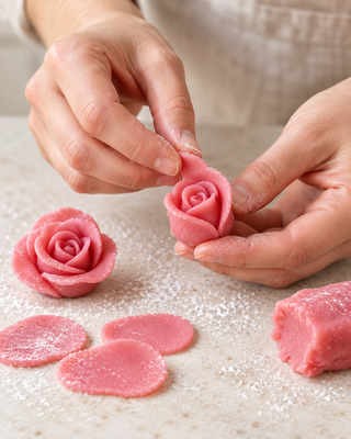 Händer formar en ros av rosa marsipan. Inspiration för produkten 500 g; florsocker och övrig rekvisita ingår inte.