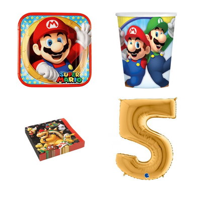 5-årskalas, Super Mario, kalaspaket, 8 gäster – paketets produkter med sifferballong 100 cm