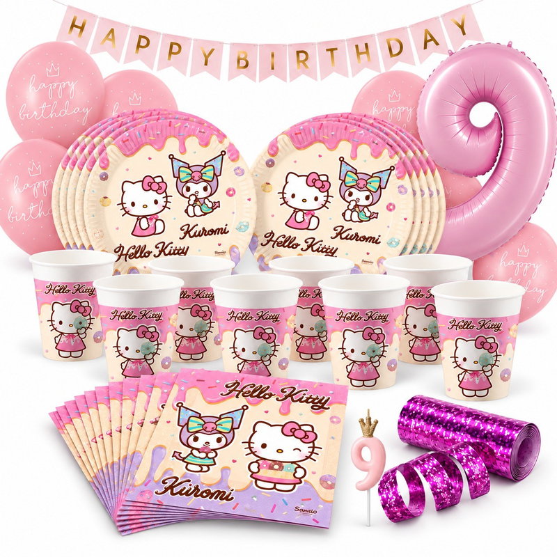 Hello Kitty & Kuromi – 9-årskalas – kalaspaket för 8 gäster – paketets produkter