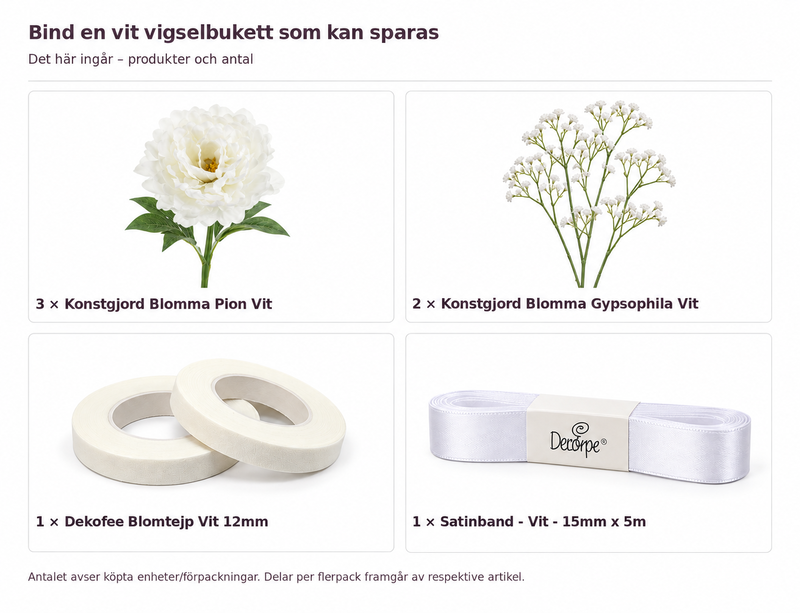 Innehåll och antal: Bind en vit vigselbukett som kan sparas