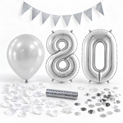 80-års festpaket, Silver, Stor – paketets dekorationer på vit bakgrund