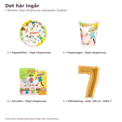 7-årskalas, Pippi Långstrump, kalaspaket, 8 gäster – innehåll och antal, sifferballong 100 cm