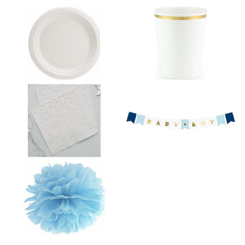 Babyshower pojke – silver och blått – fikapaket, 6 gäster – produktöversikt