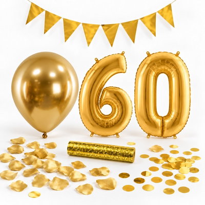 60-års festpaket, Guld, Stor – paketets dekorationer på vit bakgrund