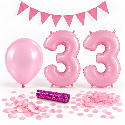 33-års festpaket, Rosa, Stor – paketets dekorationer på vit bakgrund