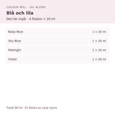 Paketinnehåll: 1 × Baby Blue 20 ml, 1 × Sky Blue 20 ml, 1 × Midnight 20 ml, 1 × Violet 20 ml