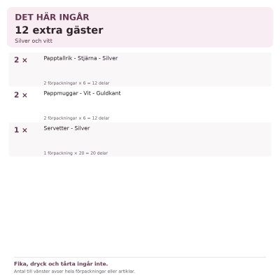 Dop – silver och vitt – kompletteringspaket, 12 extra gäster – innehåll och antal