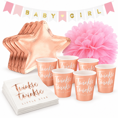 Babyshower flicka – roséguld och rosa – fikapaket, 6 gäster – samlat paketinnehåll