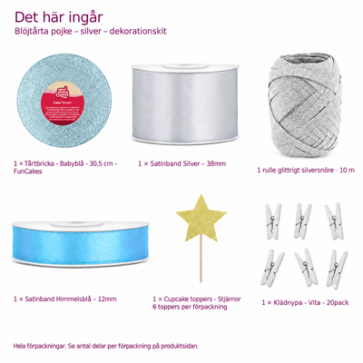 Paketets innehåll med babyblå tårtbricka 30,5 cm