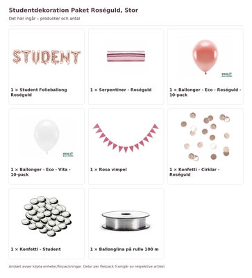 Studentdekoration Paket Roséguld, Stor – innehåll och antal förpackningar
