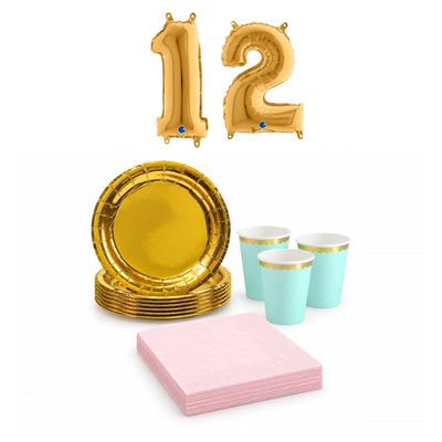 12-årskalas, Mint, rosa och guld, kalaspaket, 6 gäster – sammansatt bild av paketets produkter