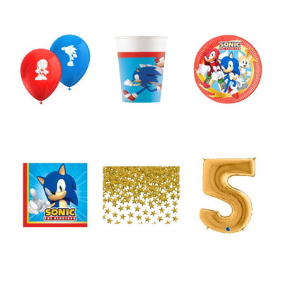 5-årskalas, Sonic, kalaspaket, 8 gäster – paketets produkter med sifferballong 100 cm