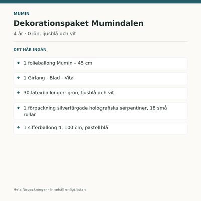 Mumin 4 år – dekorationspaket Mumindalen – innehåll och antal