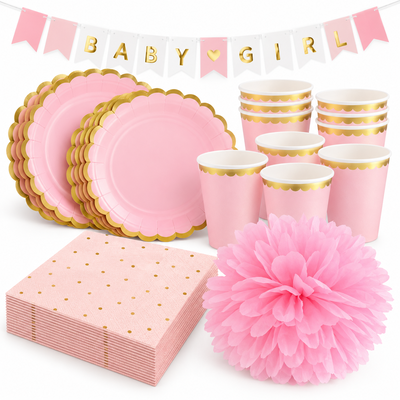 Babyshower flicka – rosa och guld – fikapaket, 12 gäster – samlat paketinnehåll