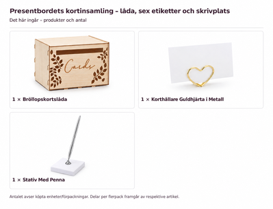 Innehåll och antal: Presentbordets kortinsamling – låda, sex etiketter och skrivplats