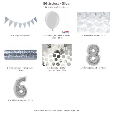 86-års festpaket, Silver, Stor – innehåll och antal förpackningar