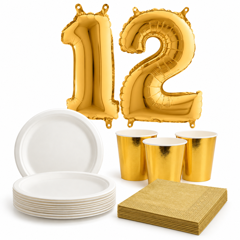 12-årskalas, Vitt och guld, kalaspaket, 6 gäster – paketets innehåll