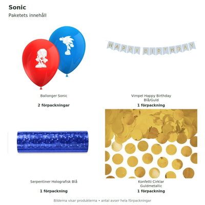 Sonic – dekorationspaket Stort – innehåll och antal
