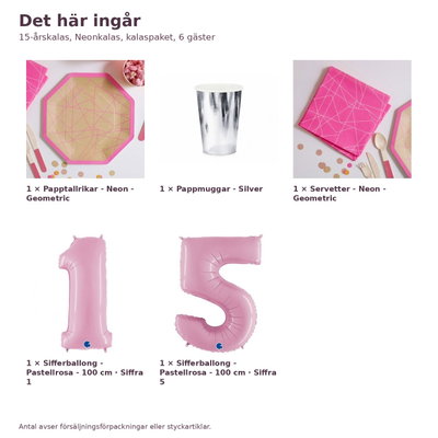 15-årskalas, Neonkalas, kalaspaket, 6 gäster – innehåll och antal, sifferballong 100 cm