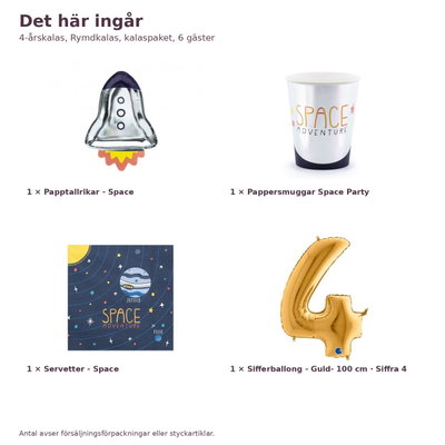 4-årskalas, Rymdkalas, kalaspaket, 6 gäster – innehåll och antal, sifferballong 100 cm